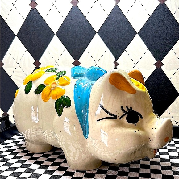 Oversized Chunky Piggy Ceramic Bank 14” Floral & Bow Decor – Whimsy Vintage - Picture 5 of 11